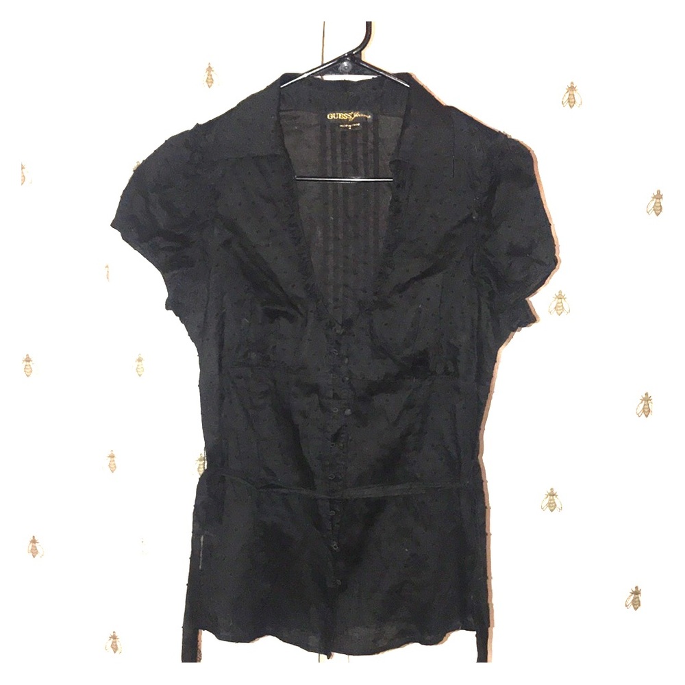 Semi Sheer Black Poplin Cap Sleeve Top